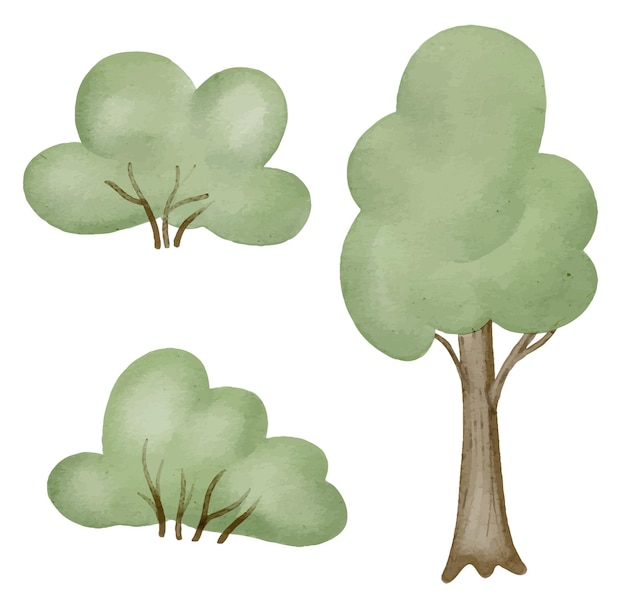Plik wektorowy zestaw drzew i krzewów ilustracja akwarelowa krzewów i roślin leśnych ręcznie narysowany klipart zielonego krzewu na izolowanym tle rysunek prostych elementów przyrody zestaw na naklejki na ścianach przedszkola