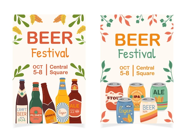 Plik wektorowy zestaw dwóch plakatów reklamowych z różnymi rodzajami butelek piwa