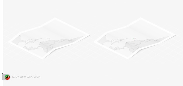 Zestaw dwóch realistycznych map Saint Kitts i Nevis z cieniem Flaga i mapa Saint Kitts i Nevis w stylu izometrycznym