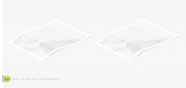Zestaw dwóch realistycznych map Saint Vincent i Grenadyn z cieniem Flaga i mapa Saint Vincent i Grenadyny w stylu izometrycznym