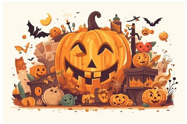 Zestaw Dyni Halloween śmieszne Twarze Jesienne Wakacje Ilustracja Wektorowa