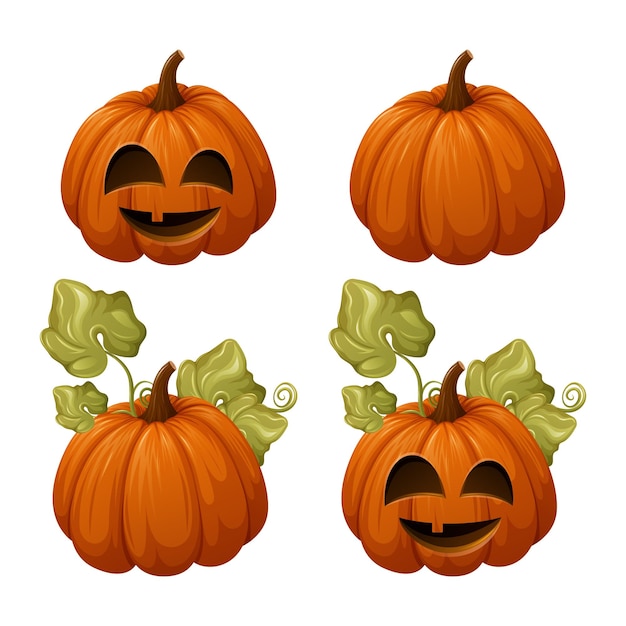 Zestaw dyni Halloween. Warzywo sezonowe, roślina ogrodowa z liśćmi. Ilustracja kreskówka wektor