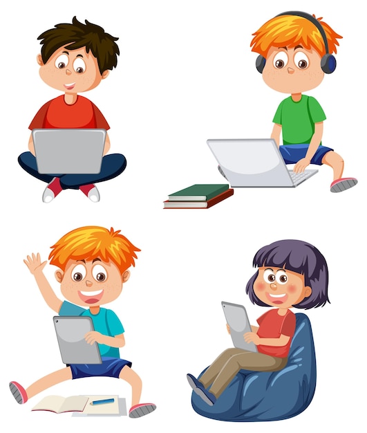 Zestaw dzieci korzystających z tabletu i laptopa