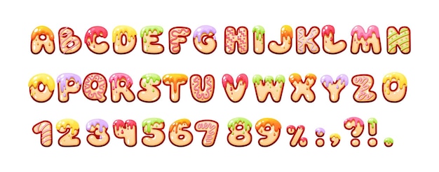 Plik wektorowy zestaw dziecięcych liter alfabetu słodkich cukierków wielokolorowa czcionka z pyszną pokrytą jasną glazurą