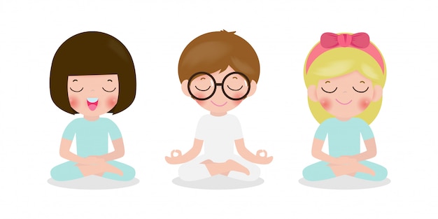 zestaw dziecko medytacji w pozycji lotosu. Śliczni kreskówek dzieci joga i medytaci ilustracja w mieszkanie stylu odizolowywającym na białym tle