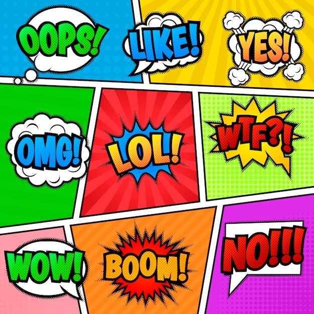 Zestaw dziewięciu różnych, kolorowych naklejek w kolorowe tło komiksu .. Pop art mowy pęcherzyki z LOL, LIKE, BOOM, WOW, WTF, NO, OMG, OOPS, TAK.