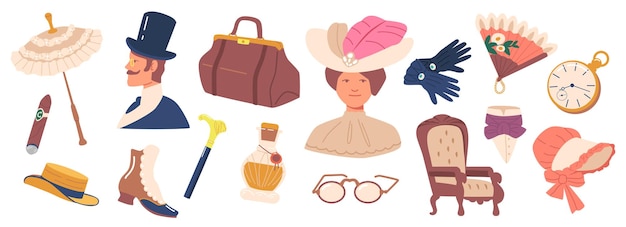 Plik wektorowy zestaw dziewiętnastowiecznych przedmiotów umbrella torebka na cygaro walizkę zegarek kieszonkowy i okulary walking canal hat buty i rękawiczki