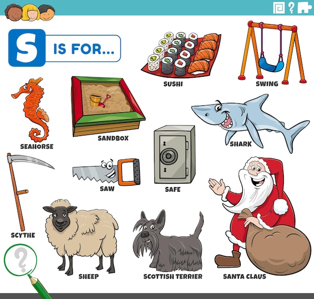 Plik wektorowy zestaw edukacyjny z literami s z postaciami z kreskówek