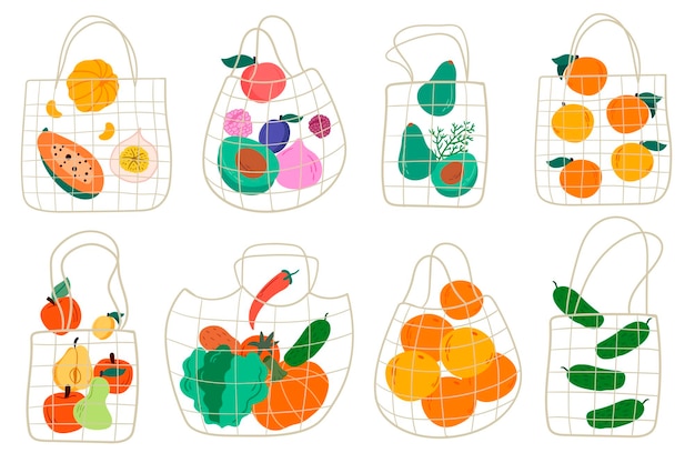 Zestaw Eko Toreb Na Zakupy Z Różnymi Produktami. Owoce I Warzywa. Styl Kreskówki