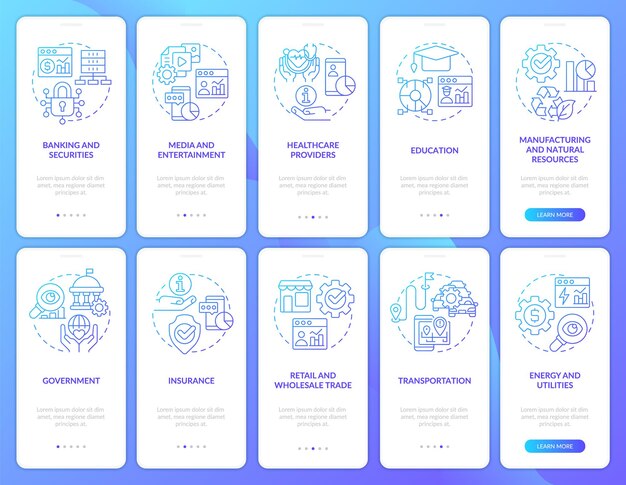 Zestaw ekranów aplikacji mobilnej do aplikacji Big Data z niebieskim gradientem