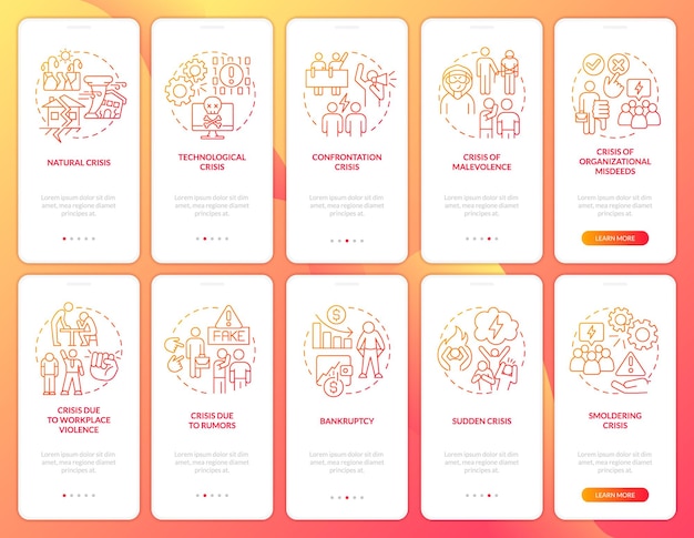 Zestaw Ekranów Aplikacji Mobilnej Do Zarządzania Kryzysowego Z Czerwonym Gradientem