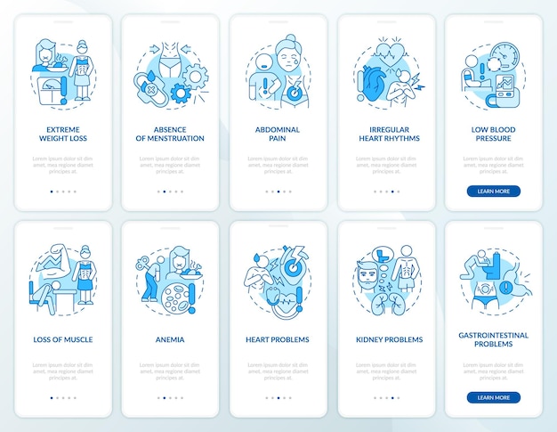 Zestaw Ekranów Aplikacji Mobilnej Z Anoreksją I Bulimią W Kolorze Niebieskim. Opis Typu Nervosa 5 Kroków Z Instrukcjami Graficznymi, Strony Z Liniowymi Koncepcjami. Ui, Ux, Szablon Gui. Myriad Pro-bold, Używane Czcionki Regular