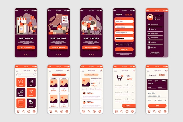 Zestaw Ekranów Koncepcyjnych Zakupów Dla Szablonu Aplikacji Mobilnej Zestaw Interfejsu Użytkownika Ui Ux Gui