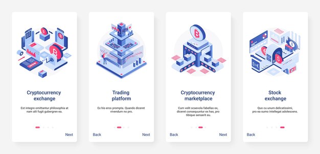 Zestaw ekranów strony aplikacji mobilnej ux ui izometrycznej giełdy kryptowalut