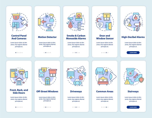 Zestaw ekranów strony do uruchamiania aplikacji mobilnej w zakresie zabezpieczeń nieruchomości. Przewodnik po systemie ochrony 5 kroków instrukcji graficznych z koncepcjami. Szablon wektorowy UI, UX, GUI z liniowymi kolorowymi ilustracjami