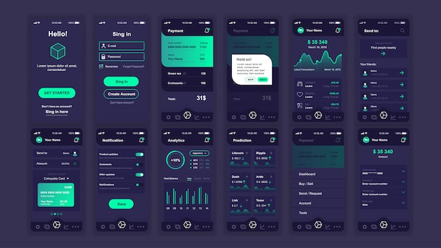 Zestaw ekranów UI, UX, GUI Płaski szablon aplikacji Kryptowaluty