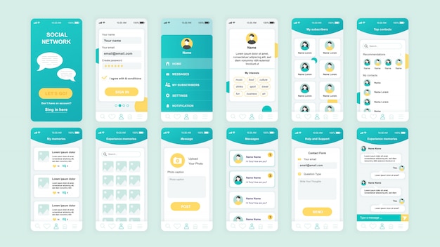 Zestaw ekranów UI, UX, GUI Płaski szablon aplikacji Social Network