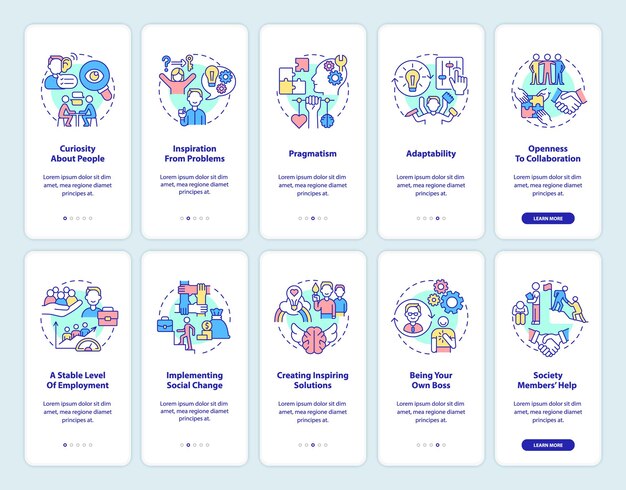 Zestaw ekranu strony aplikacji mobilnej wprowadzającej firmy społecznościowej. Korzyści i charakterystyka przewodnik 5 kroków instrukcje graficzne z koncepcjami. Szablon wektorowy UI, UX, GUI z liniowymi kolorowymi ilustracjami