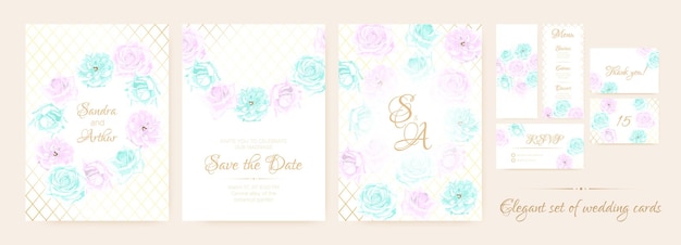 Zestaw Eleganckich Kartek ślubnych Z Wieńcami Z Róż