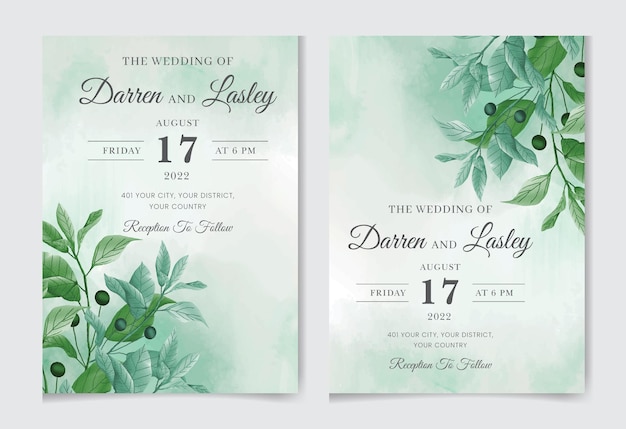 Plik wektorowy zestaw eleganckiego szablonu karty zaproszenia ślubne akwarela z zielonymi liśćmi kwiatowymi