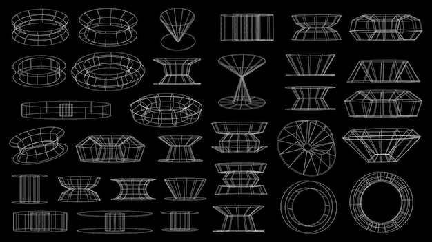 Plik wektorowy zestaw elementów abstrakcyjnej technologii geometrycznej w stylu cyberpunk retro kolekcja vintage 3d wirtualny projekt cyfrowy tekstura 80s vr futurystyczny wzór metaverse wektor na białym tle szablon tło