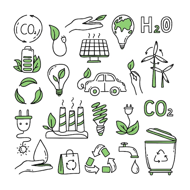 Zestaw elementów Co2 koncepcja zmian klimatycznych Recykling Oddzielenie śmieci Wektor doodle