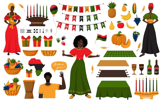 Zestaw Elementów Dekoracyjnych Na święto Afroamerykanów Kwanzaa Kobiety W Sukienkach świecznik Kinara Owoce Pudełka Na Prezenty Mkeka Bęben Kubek Butelka Znaki Zasad Ilustracja Na Białym Tle Wektor