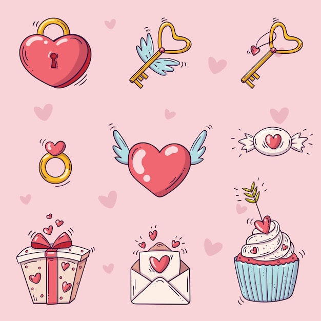 Zestaw elementów do St Valentines Day w stylu Bazgroły na różowym tle z serca