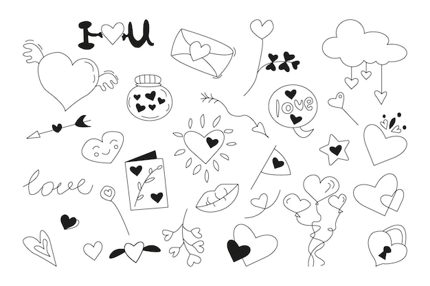 Zestaw elementów doodle miłość. Koncepcja Walentynki. Ręcznie rysowane ilustracji wektorowych