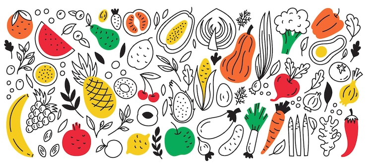 Zestaw elementów doodle warzywa i owoce z liśćmi i gałązkamiZdrowa żywność