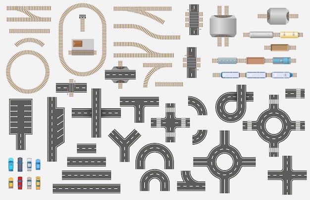 Zestaw Elementów Drogowych I Kolejowych, Pociągi I Samochody Do Widoku Z Góry Mapy Miasta Zestaw Transportowy Do Projektowania Planu Kraju Bezproblemowy Konstruktor Transportu Miejskiego Lokomotywa Wagonów Kolejowych