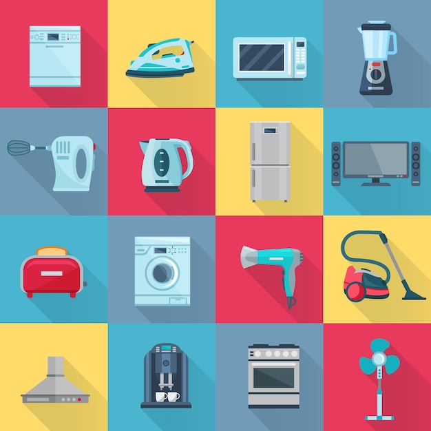 Plik wektorowy zestaw elementów gospodarstwa domowego na białym tle kolor zestaw urządzeń elektrycznych elektronicznych i cyfrowych ilustracji wektorowych płaski