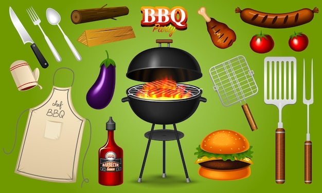 Zestaw Elementów Grilla Na Białym Tle Na Czerwonym Tle Bbq Party Plakat Czas Letni Restauracja Mięsna