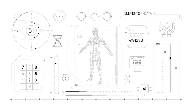 Zestaw elementów infograficznych dotyczących badań dna i technologii cyfrowych