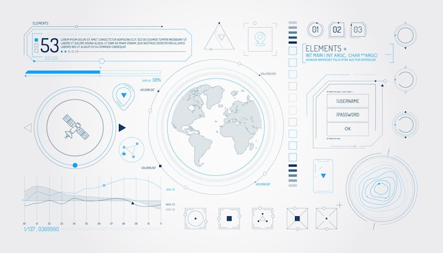 Zestaw elementów infograficznych dotyczących satelity i wprowadzania danych