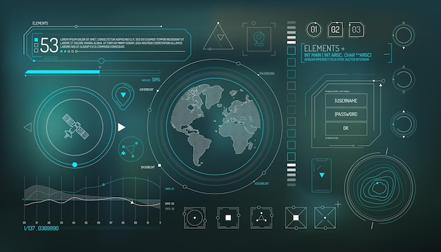 Zestaw elementów infograficznych dotyczących satelity i wprowadzania danych