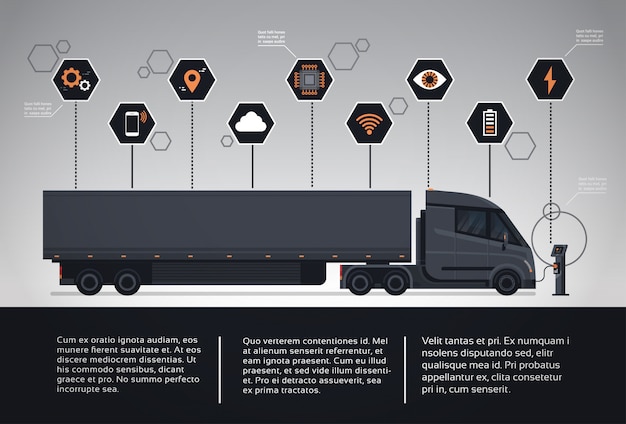 Plik wektorowy zestaw elementów infographic z nowoczesną naczepą naczepy ciężarówki ładowanie na electic charger station