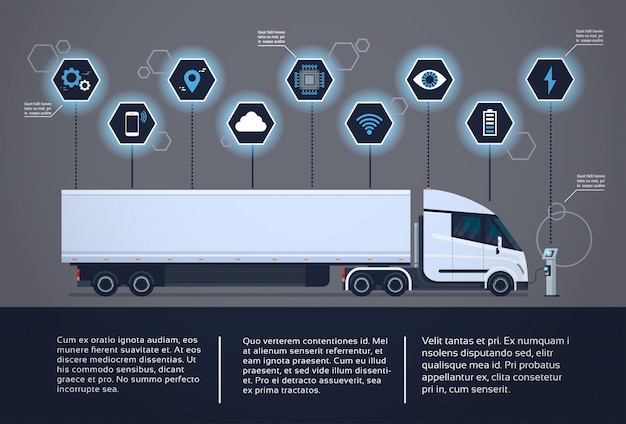 Plik wektorowy zestaw elementów infographic z nowoczesną naczepą naczepy ciężarówki ładowanie na electic charger station