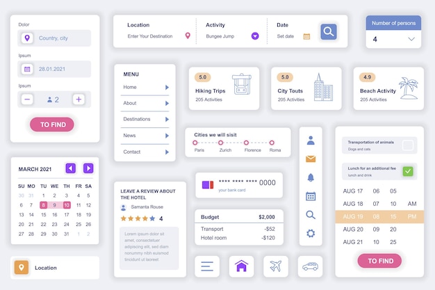 Plik wektorowy zestaw elementów interfejsu użytkownika dla aplikacji mobilnej biura podróży szablon zestawu ze diagramami hud miejsce docelowe w kalendarzu wycieczka piesza aktywność wycieczkowa pakiet ui ux ekrany gui komponenty wektorowe