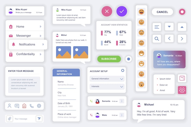 Zestaw elementów interfejsu użytkownika dla aplikacji mobilnej messenger Szablon zestawu ze diagramami HUD przyciski nawigacyjne wiadomości czatu emotikony statystyki profilu Pakiet UI UX Ekrany GUI Komponenty wektorowe