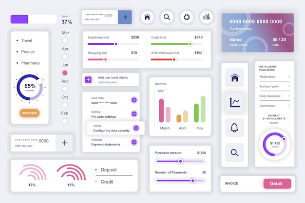 Zestaw elementów interfejsu użytkownika do aplikacji mobilnej do analizy danych Szablon zestawu z diagramami HUD Wykresy statystyczne Raport finansowy Wydajność karty kredytowej Pakiet UI UX Ekrany GUI Komponenty wektorowe