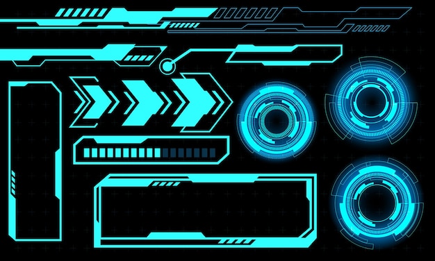 Zestaw elementów interfejsu użytkownika okręgu HUD technologia projektowania cyber niebieski na czarnym futurystycznym wektorze