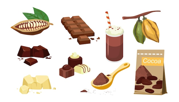 Zestaw Elementów Kakaowych Kakao W Proszku Z Ciemnego Mleka I Białej Czekolady Cukierki Koktajlowe I Fasola