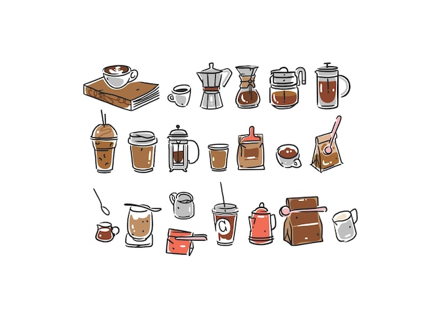 Zestaw elementów kawy, kubków i kubków Trending vector doodle ilustracje dla kawiarni i menu restauracji Ręcznie narysowane koncepcje projektowania kawiarni i ikony przerwy kawy Menu line art