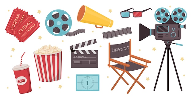 Zestaw elementów kinowych Bilety na popcorn i sodę, aparat i taśmę Dyrektorzy clapperboard Okulary 3D i głośnik Film i serial Kolekcja wektorów płaskich kreskówek izolowana na białym tle