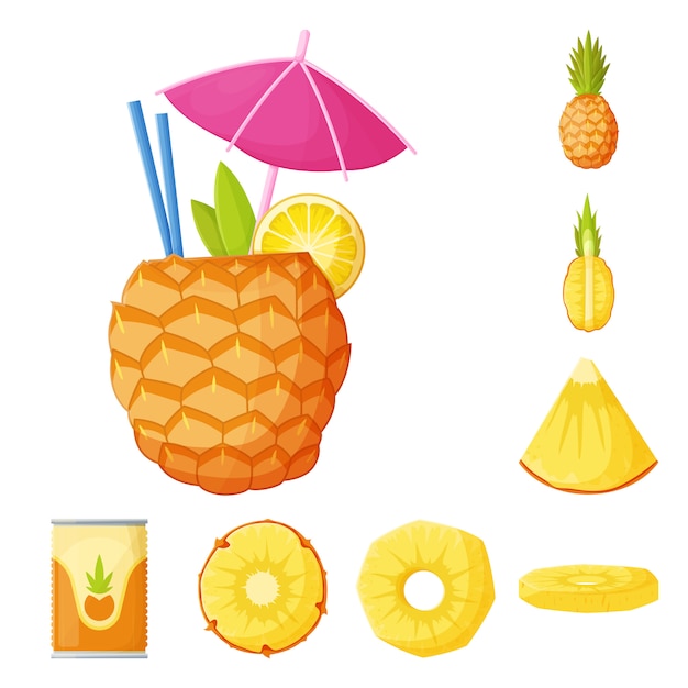 Plik wektorowy zestaw elementów kreskówka owoców ananasa. ilustracja na białym tle ananas i deser. zestaw elementów owoców i żywności.
