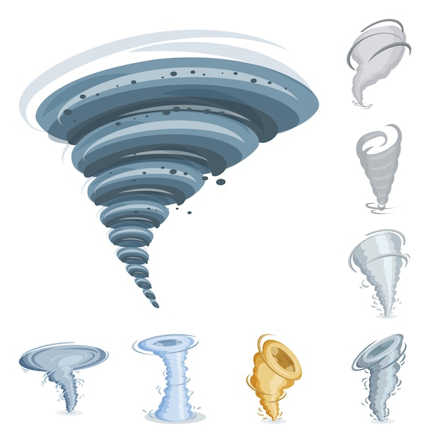 Zestaw elementów kreskówka trąba powietrzna i tornado. ilustracja na białym tle cyklonu wirować. elementy zestawu tornado .twister i trąba powietrzna.