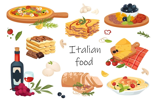Plik wektorowy zestaw elementów kuchni włoskiej na białym tle. pakiet dań tradycyjnych - pizza, lasagne, spaghetti, oliwki, makarony, parmezan, wino, słodkie desery i inne. ilustracja wektorowa w płaskiej konstrukcji kreskówki