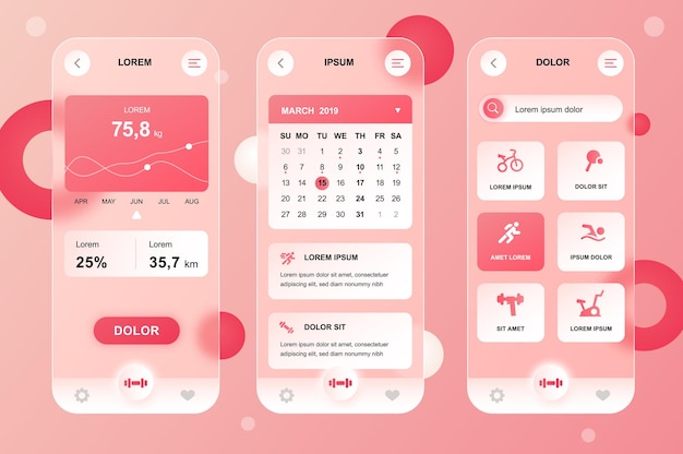 Zestaw elementów neumorficznych do treningu fitness UI UX GUI aplikacji mobilnej