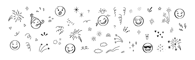 Wektor zestaw elementów obchodów urodzin szkicu śliczna linia doodle emoji fajerwerki iskrzy tęczę